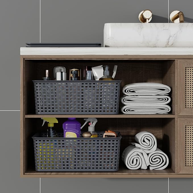 13 Quart Plastic Storage Baskets with Lid Weave Organizing Bins Gray 6 Packs