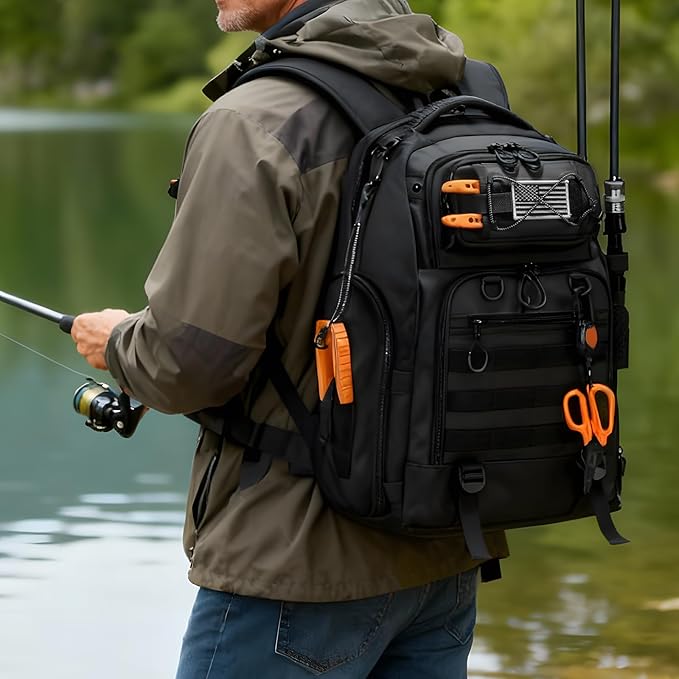 50L Fishing Tackle Backpack with Removable Lure WrapsInclude (4) 3600 Tackle Boxes 2 Rod Holders Storage Fishing Gear and Equipment
