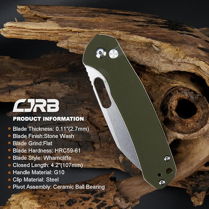 CJRB Pyrite-Alt (J1925A) Folding Pocket Knife 3.11 Stonewash AR-RPM9 Steel Blade Green G10 Handle Manual Thumb Hole Open Button Lock EDC Knife for Outdoor Hiking