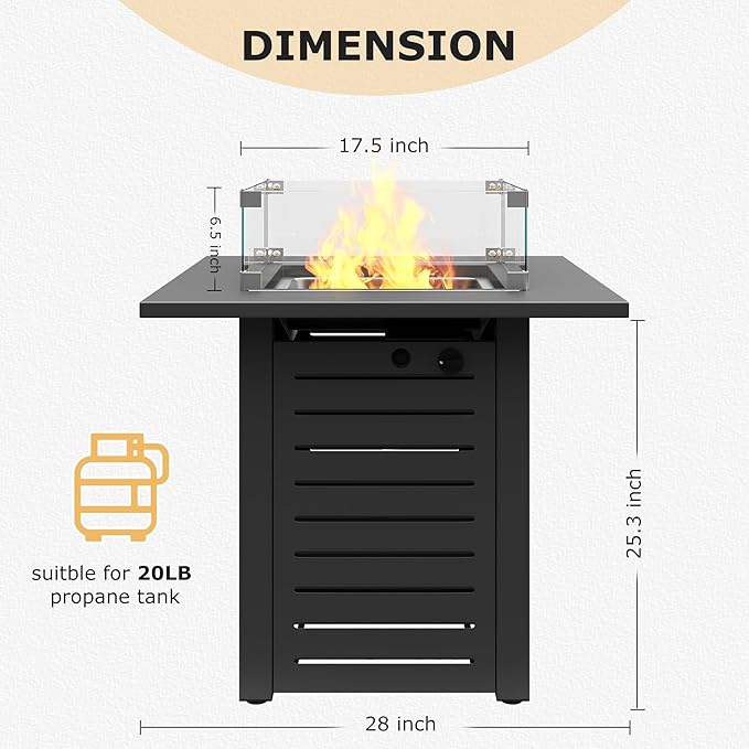 28'' Propane Fire Pit Table 50000 BTU Steel Gas Firepit for Outdoor Patio Deck and Garden CSA Certified Fire Pit with Lid Waterproof Cover Glass Wind Guard and Lava Rock Black