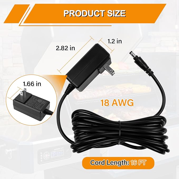 Upgrade Power Adapter Replacement for Masterbuilt Gravity Series 560/600/800/900/1050/1150 Digital Charcoal Grill + Smokers 9004190216 Power Supply Replacement Parts with 16 FT Long 18 AWG Cord