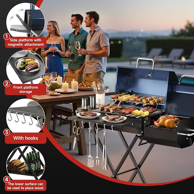 Portable Charcoal Grill with Smoking Function Foldable Suitcase Design with Wheels Multi-Tier Storage Rack &amp Waterproof Cover for Outdoor BBQ Parties (Blue)