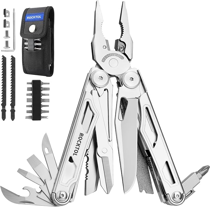 ROCKTOL Multitool 29-in-1 Multitool Pliers with Replaceable Wire Cutters and Saw Heavy-duty Stainless Steel Multi-tool Set and Nylon Sheath for Camping Survival multi tool for Man