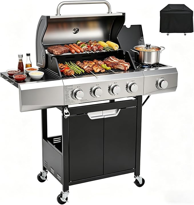 EUHOME 51000 BTU 4-Burner Propane Gas Grill with Side Burner – Large 452 sq.in Stainless Steel BBQ Grill Enameled Cast Iron Grates 4 Swivel Casters &amp Protective Cover for Backyard Patio Family