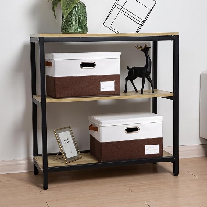 PRANDOM Foldable Storage Bins with Lids [3-Pack] Fabric Collapsible Storage Boxes Baskets Cubes Containers with Handles for Closet Living Room Bedroom (Brown &amp White 14.9x9.8x9.8'')