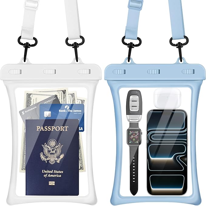 CACOE [Floatable Floating Universal IPX8 Waterproof Phone case 2 Pack-Up to 10.0Adjustable Lanyard Phone PouchDry Bags for Vacation Beach Pool Kayak Cruise Travel Essentials（White+Light Blue）