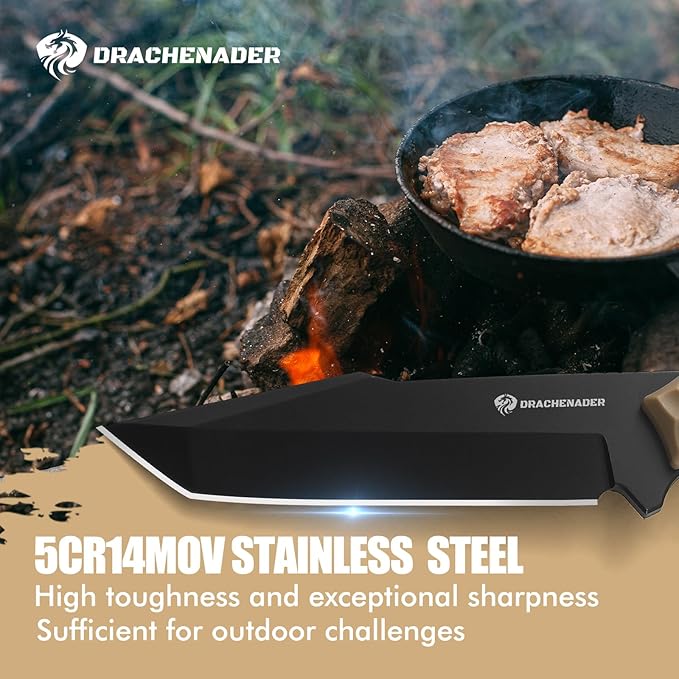DRACHENADER B-ER-TANTO POINT Fixed Blade Tanto Knife with Sheath 5cr14mov Steel 9.29 Tactical Knife for Men with Full Tang Design Khaki