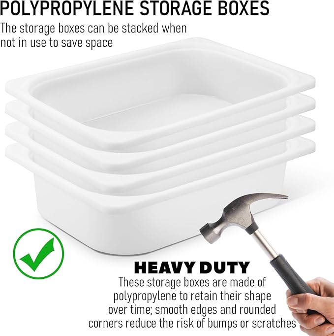 Kathfly Set of 4 Storage Box White 16-1/2 x 11-3/4 x 4 Stackable Plastic Bins Open Storage Boxes Book Organizer Polypropylene Cabinet Organizer for Home Office and School Supplies