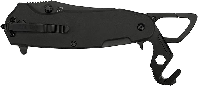 Kershaw Funxion EMT (8100) Multifunction Folding Pocketknife 3 inch Partially Serrated Stainless Steel Blade Carabiner Clip Cord Cutter Screwdriver Tip Hex Wrench Glassbreaker Tip  Black
