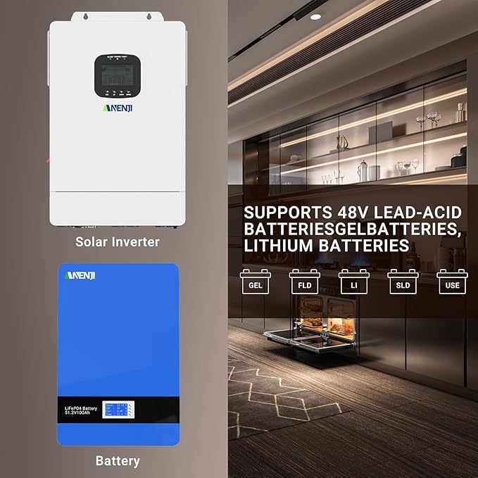 6500W Hybrid Solar Inverter 48V DC to 110V AC Pure Sine Wave Built-in 2 MPPT Controller Max. 150A Battery Charging Support Parallel 6 Units Dustproof for Home On/Off-Grid Systems