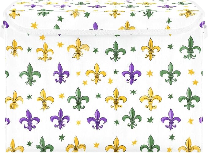White Fleur De Lis Star Mardi Gras Storage Box with Lid 1 PC Foldable Storage Bin with Lids Stackable Storage Bins Cube Closet Organizer Basket with Flip-Top Lid &amp Handles for Shoes Books Towels