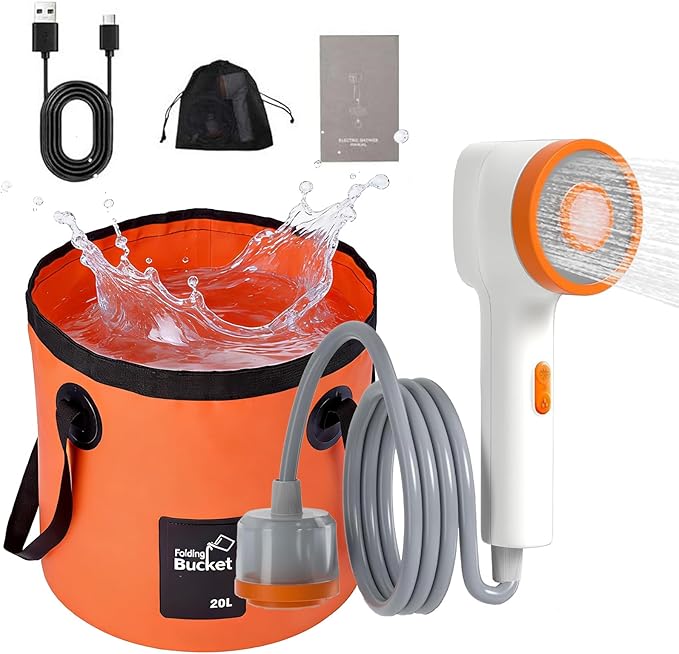 Portable Shower for Camping - 2500mAh Rechargeable Outdoor Shower with LED Light 20L Large Capacity Foldable Bucket Filtered Shower Head Outdoor Shower for Camping RV Car Washing Pet Bath