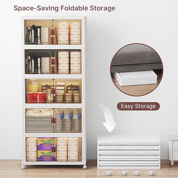 UAMFURI Stackable Storage Bins with Lids 240QT Closet Organizers Lockable Storage Cabinet Foldable Storage Box with Doors and Wheels Plastic Drawers for Home Garage Office (5 White Medium)