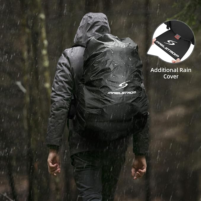 Maelstrom Hiking Backpack 40L Waterproof Camping Daypack for Men and Women Lightweight Travel Pack with Rain Cover (Black)