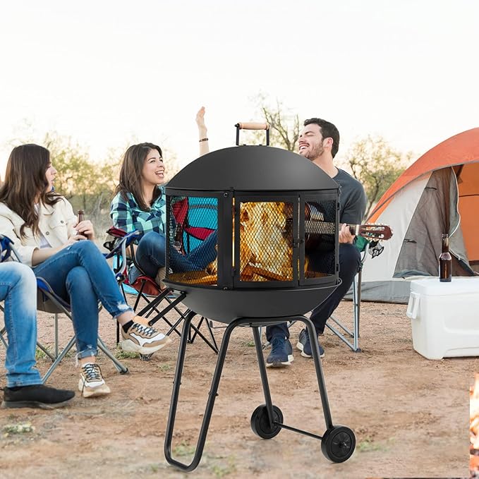 Tangkula Portable Fire Pit with Wheels 28 Inch Wood Burning Fire Pit with Log Grate Poker Rolling Patio Fireplace Wooden Bonfire Firepit for Outdoor Entertaining Black