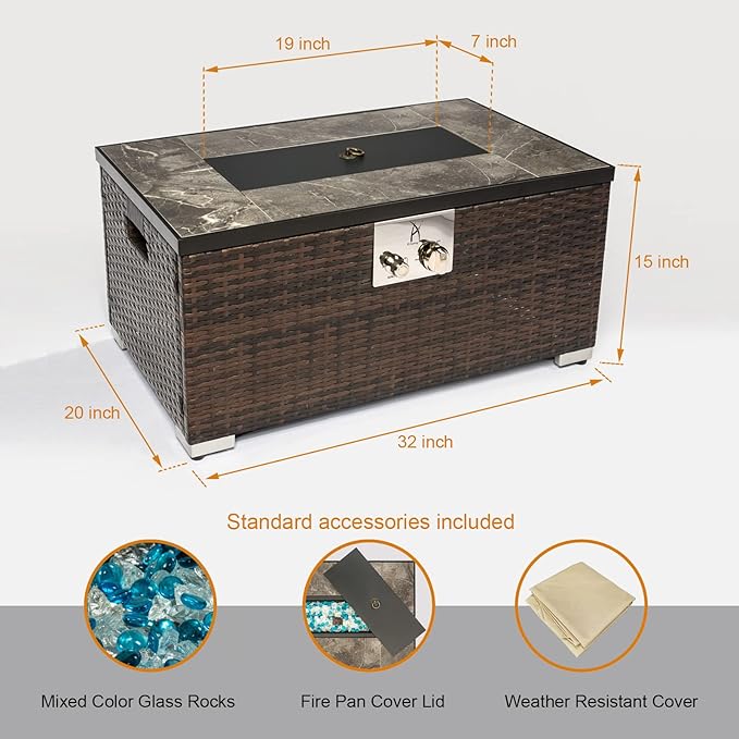 32'' Propane Fire Pit Table Marble Textured Ceramic Tabletop 50000 BTU Fire Table with Brown Wicker Mix Color Glass Rocks Including Lid&ampCover Rectangle Tank Required to Be Kept Outside