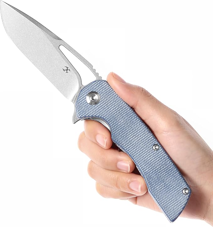 KANSEPT Kryo Pocket Knife 8.08in Folding Knives with 3.58in12C28N Steel Drop Point Blade and Blue Micarta Handle for Outdoor Tactical Survival and EDC T1001M3
