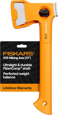 Fiskars X13 Ultralight Hiking Axe 13 Ultra-Sharp Forged Steel Blade for Efficient Chopping &amp Camping 15% Lighter High-Visibility Orange FiberComp Handle Drives Tent Stakes Sheath Included