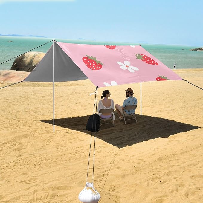 ALAZA Flower and Strawberry Pattern Beach Tent Sun Shelter Portable Canopy Sunshade for Outdoor Camping Picnics Backyard Fun 10x9 ft