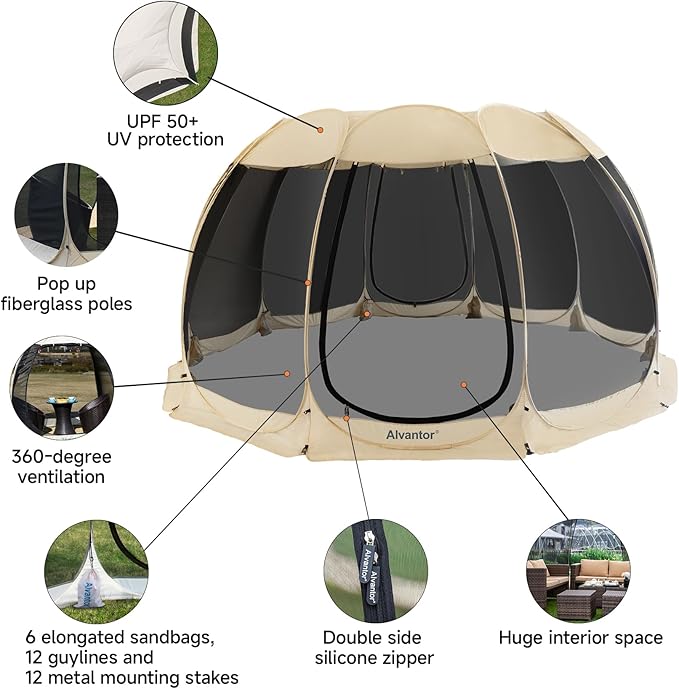 Alvantor Pop Up Screen House Gazebo with Mosquito Netting Instant UV Resistant Sun Shelter for Patio &amp Backyard Portable Canopy Tent for 2-10 Person