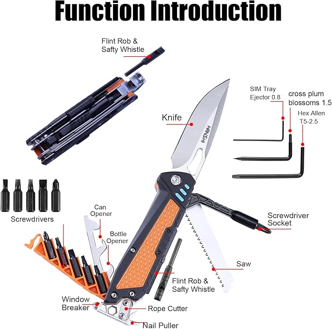 HANSHI 13 in 1 Multitool Knife with Nylon Sheath for CampingHikingSurvivalOutdoor Multi Tool Pocket Knife with Window BreakerBirthday Christmas Valentine's Day Gift for Dad Mens Boyfriend(Black)