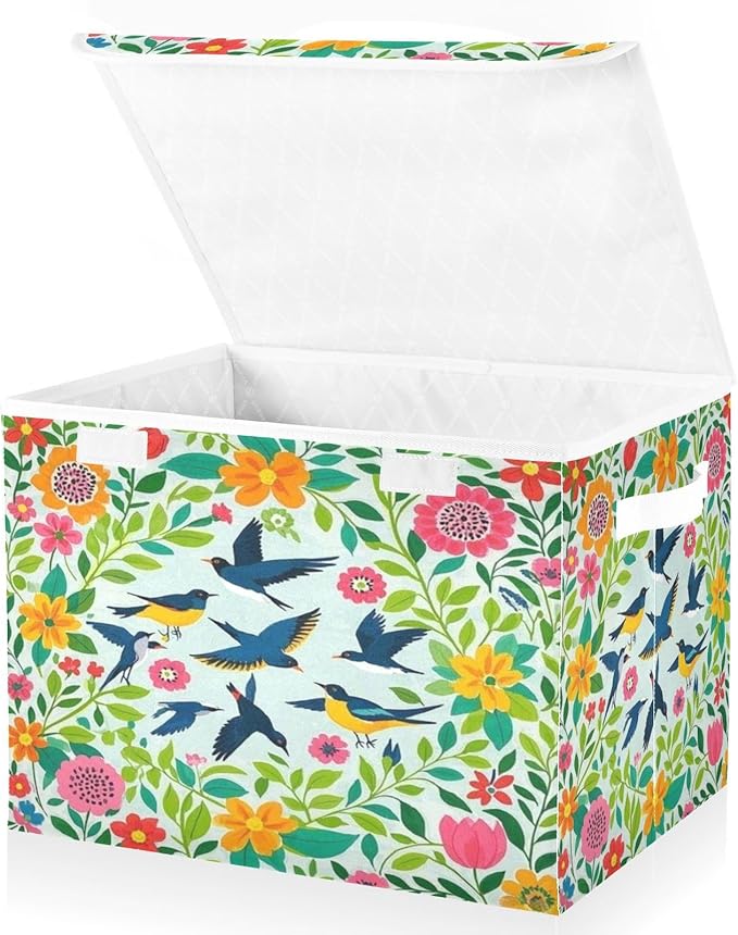 Storage Bins With Lid Stackable Fabric Closet Organizer Clothing Storage Large Boxes For Closet Shelves Bedroom Birds Plants Green