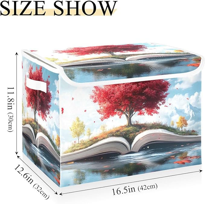 Storage Cube with Lid Tree on Book Print 16.5×12.6×11.8 IN Collapsible Large Capacity Foldable Storage Basket Bin Organizer