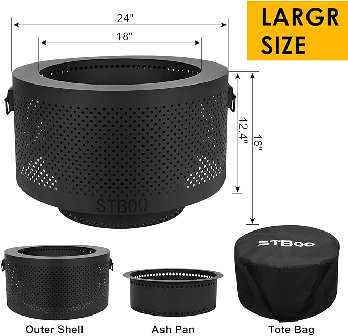 STBoo 24 Inch Smokeless Fire Pits for Outside with Portable Carrying Storage Bag Low Smoke Outdoor Fireplace for Bonfire Picnic Backyard on Beach Black XL