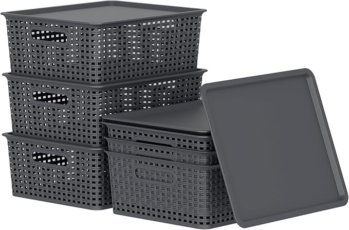 13 Quart Flat Storage Baskets with Lids Stackable Plastic Weave Organizing Basket Bin 6 Packs