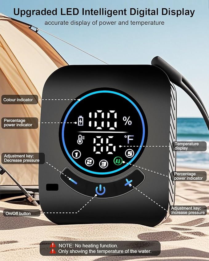 AUTOPkio Portable Shower 8000mAh Rechargeable Camping Shower Pump with 5 Speed Modes LED Display IPX8 Waterproof 10 L/min Electric Outdoor Shower Kit for Travel Car RV Hiking Beach Pet