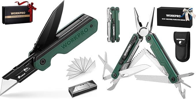WORKPRO 2-in-1 Folding Knife/Utility Knife - Gifts for Dad &amp 18-in-1 Multi Tool Pliers Green