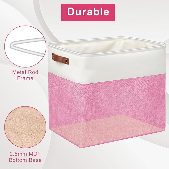 Large Fabric Storage Baskets | 50L Storage Bins Decorative Linen Closet Baskets with Handles for Organizing Shelf Toys Clothes Home Office Nursery 17x12x15Inches (Pink&ampWhite)
