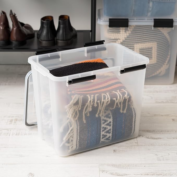 IRIS USA WeatherPro 32 Qt Storage Bins with Lids 4 Pack BPA-Free Plastic Gasket Box with Tight Latch and Seal Stackable Nestable Tote Tub - Clear/Black