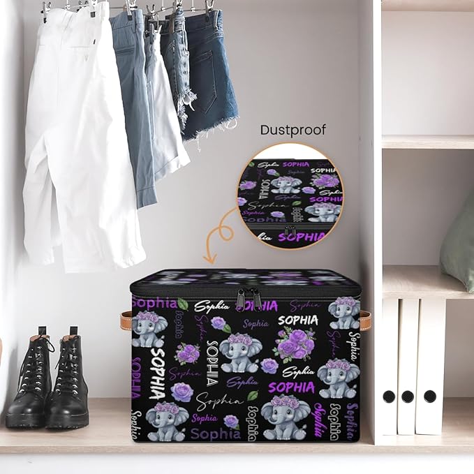 Custom Storage Bins with Zipper Lid Personalized Elephant Fabric Lidded Storage Baskets Boxes Foldable Cubes Clothes Organizer Container