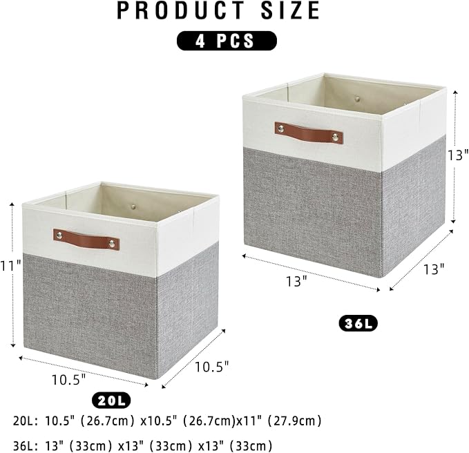 Collapsible Fabric Storage Cube Bins with 2 Reinforced PU Handles Foldable Storage Organizer Baskets for Closet Shelves Living Room | 13x13x13 4 Pack Gray &amp White