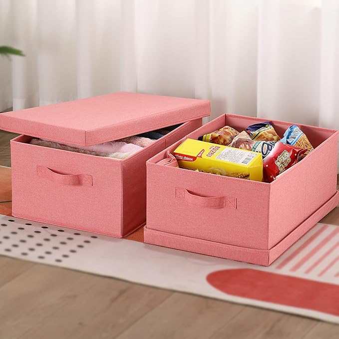 HOONEX Linen Foldable Storage Bins with Lids 2 Pack Storage Boxes with Carrying Handles and Sturdy Heavy Cardboard 16.5 L x 11.8 W x 7.5 H for Shoes Books Clothes Nursery Pink