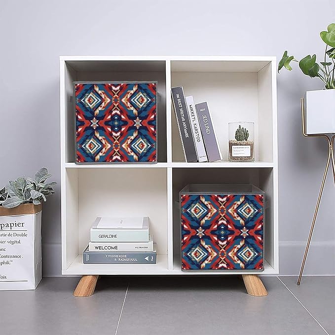 Collapsible Cube Storage Organizer with Handles Aztec Red Blue Foldable Fabric Bin for Shelves Perfect for Closet Bathroom Kids' Room &amp Nursery