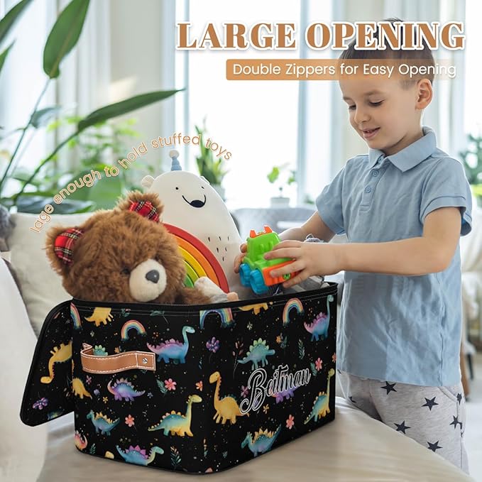 Storage-Bins with Lids Personalized Closet-Storage-Bins Under-Bed Stackable-Cubes-Box for Home Bedroom Dinosaur