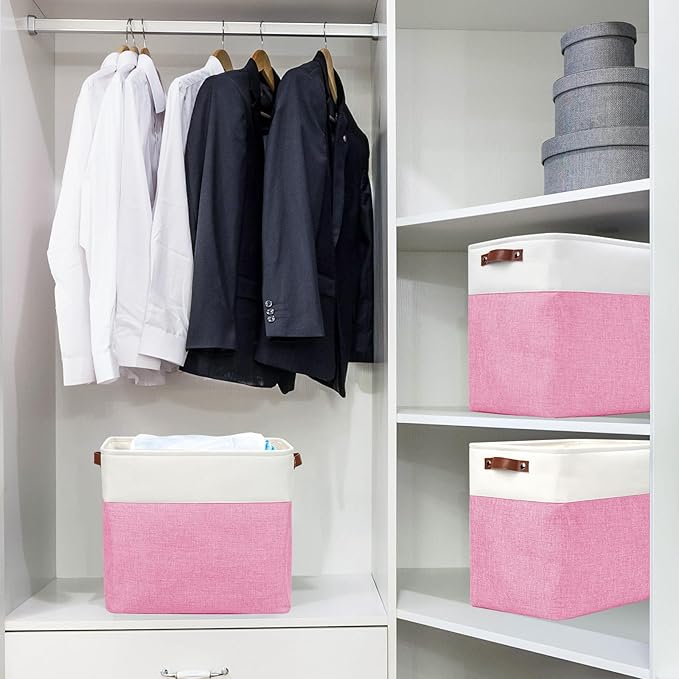 Large Fabric Storage Baskets | 50L Storage Bins Decorative Linen Closet Baskets with Handles for Organizing Shelf Toys Clothes Home Office Nursery 17x12x15Inches (Pink&ampWhite)