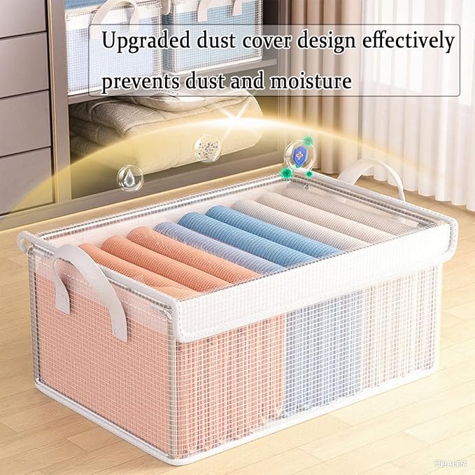 4PCS Foldable Storage Box with Lid - Extra Large Fabric Closet Organizer for Clothes 18.5x11x7.9 Inch Canvas Bin Collapsible Design for Bedroom Shelf Closet Underbed (Clear)