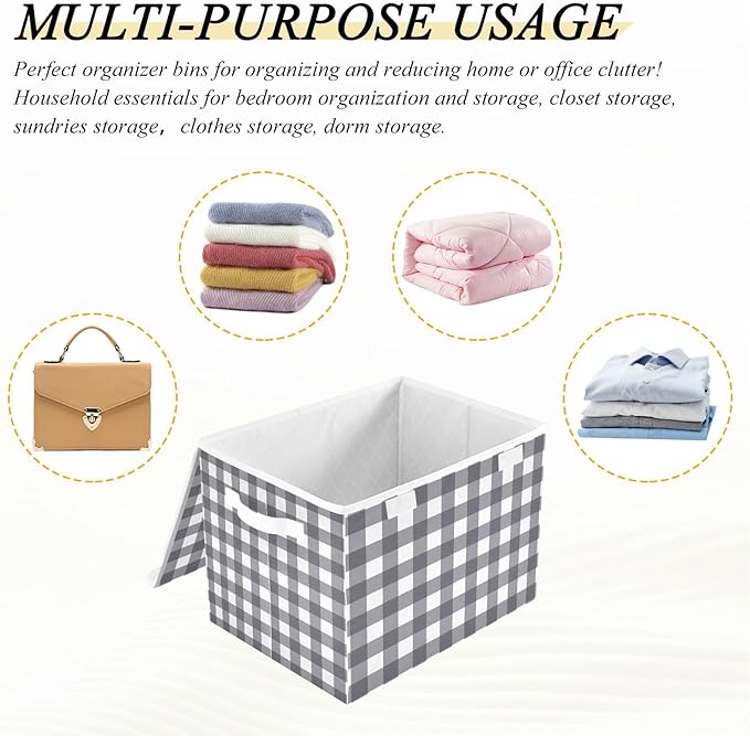 Collapsible Storage Bins with Lids Decorative Fabric Storage Cubes Closet Organizer and Storage Basket Boxes Containers for Clothes Box Chest Nursery Folding Rectangle Black Grey Checkered