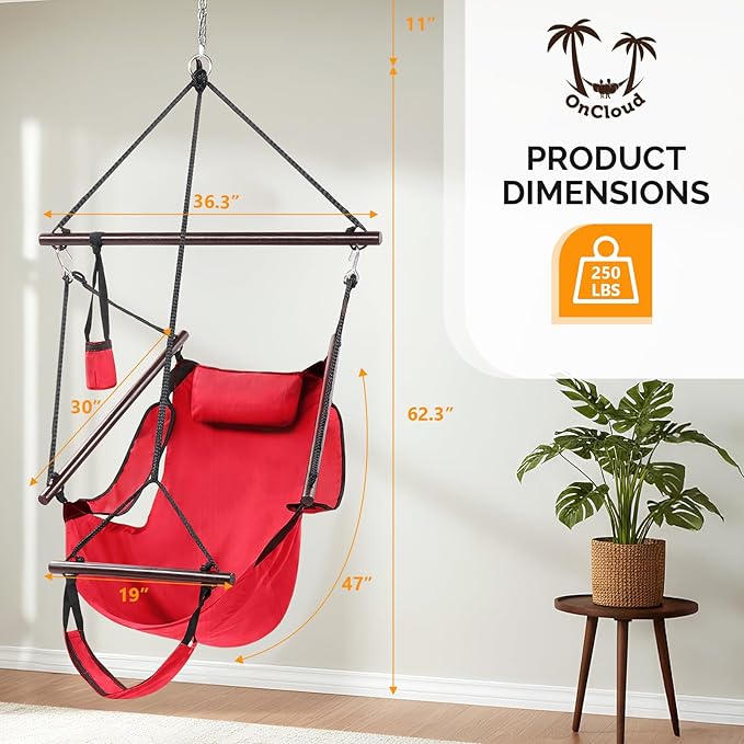 ONCLOUD Hammock Chair Hanging Swing Seat Air Deluxe Rope Through Beech Wood Bars Drink Holder &amp Fuller Pillow Safer Relax for Indoor Outdoor 250Lbs Red