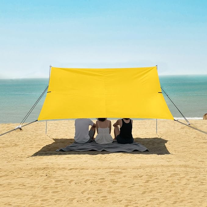 Gold Solid Color Pure Plain Foldable Beach Tent UPF50+ Easy Setup Large Sun Shelter with Sand Shovel Sandbags for Family Trips Picnics &amp Camping
