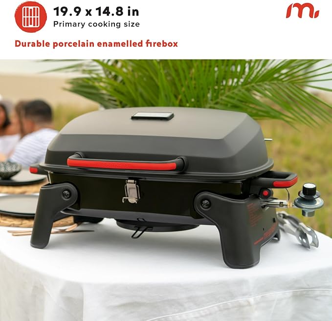Megamaster 1-Burner Portable Gas Grill with Locking Lid 11000 BTU Stainless Steel Burner Foldable Legs Small Propane Grill for Outdoor Cooking Camping BBQs Patios and Gardens - 820-0065C