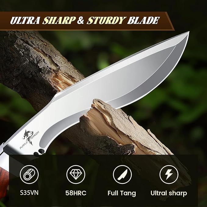 Purple Dragon Kukri Fixed Blade Knife With Sheath 8 Inch Full Tang Heavy Duty Camping Knives - Christmas Gift for Men and Women