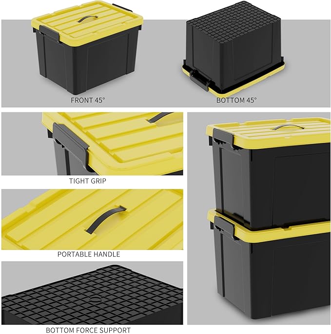 95Qt*4 Durabilt Flip Lid Stackable Heavy Duty Tough Storage Container Tote Plastic Storage Bins Storage Box Black Base with Yellow Lid (4 Pack)