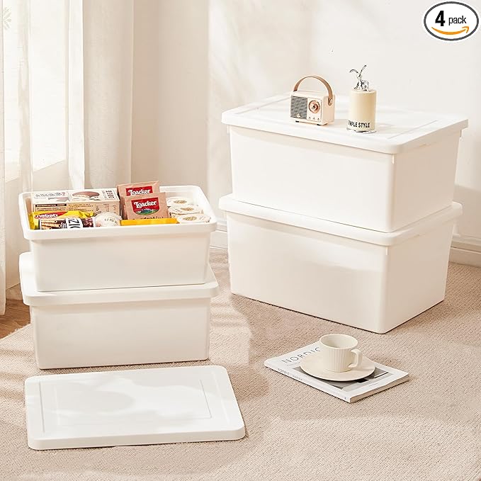 6gal+3gal high-end White multifunction storage box with lid Set of 4 Stackable Plastic Boxes with Handles Suitable for Garage and Home Storage Waterproof and Moisture-Proof （2XXL+2L