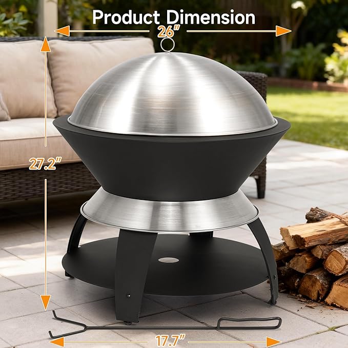 ONBRILL 26 Inch Smokeless Firepit Outdoor Fire Pit with Waterproof Lid Removable Ash Pan Handbag 2 in 1 Stainless Steel Potable Fire Pits for Outside Wood Burning Bonfire Camping Picnic Black