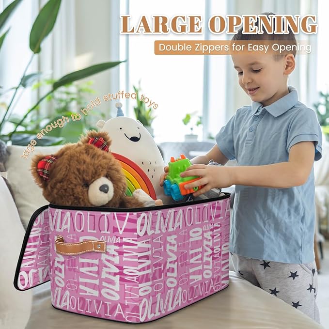 Custom Storage Bins with Zipper Lid Personalized Pink White Fabric Lidded Storage Baskets Boxes Foldable Cubes Clothes Organizer Container