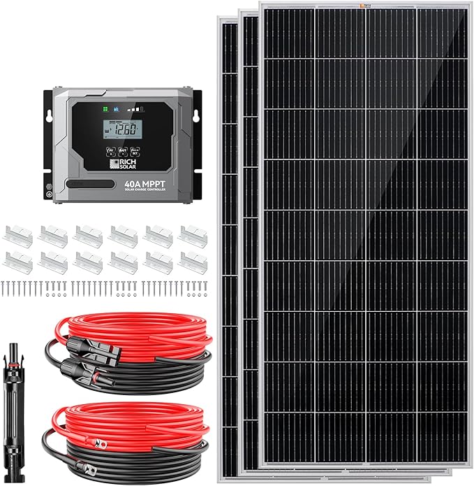 RICH SOLAR 600 Watt Premium Solar Kit - 3 Pack of 200W Panel 40A MPPT Charge Controller Bluetooth Module Fuse Mounting Z Brackets Adaptor Kit Tray Cables Set Off-Grid 12V Solar Power System